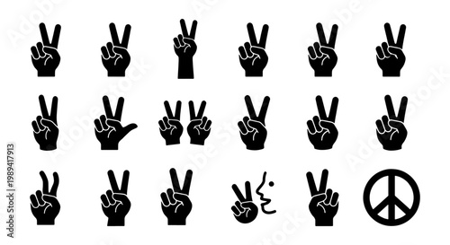 Peace sign hand gesture icons set, black silhouette victory fingers and v-sign symbols, collection of 18 vector elements for social justice and harmony