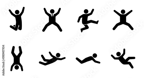 Jumping stick figure icons set, happy person jumping and falling silhouettes, 8 black vector man symbols for success and failure concepts