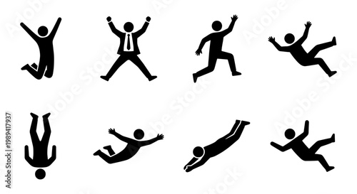 Falling person silhouette icons, set of 8 black stick figure vectors, jumping and diving man symbols, business failure and accident concepts