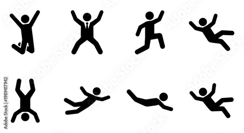 Falling person stick figure icon set, jumping and flying businessman silhouettes, 8 black vector pictograms of people in motion and freefall