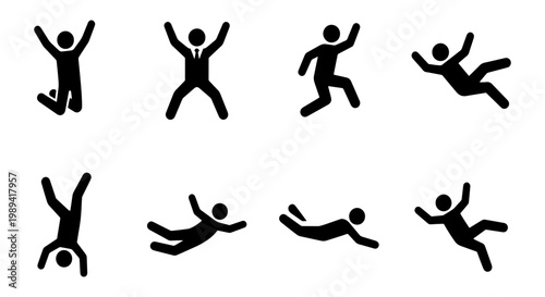 Falling person stick figure icons, set of 8 black vector silhouettes of people jumping and tumbling, business man in free fall and mid-air motion