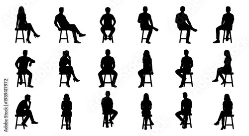 Sitting people silhouettes set, 18 black vector figures on bar stools, diverse men and women in various seated poses for architectural visualization