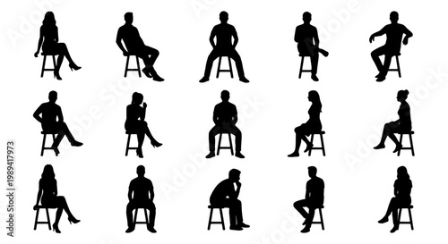 Black silhouettes of people sitting on stools, set of 15 human figures in seated poses, men and women sitting on chairs vector collection