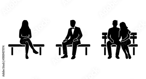 Black silhouette people sitting on park benches, set of human figures in formal attire, man and woman couple and single individuals on seats