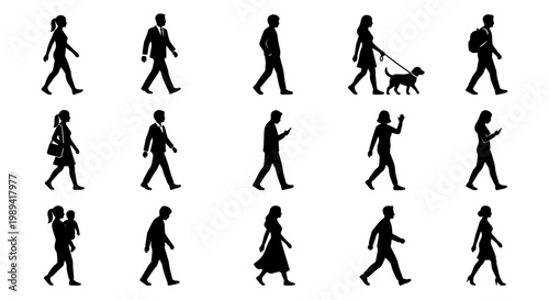 Walking people silhouettes set, diverse pedestrian figures in motion, black human profiles of men and women for architectural visualization and urban design