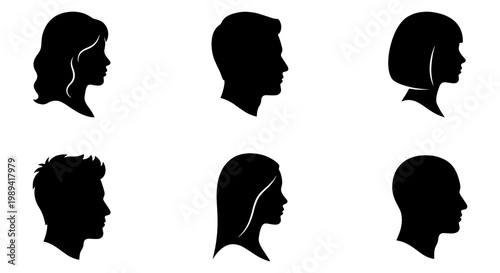 Minimalist human head silhouettes, set of 6 diverse male and female profile icons, black side view face outlines for avatars and identity design