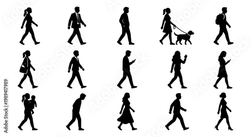 Walking people silhouettes set, 15 black vector figures of pedestrians in motion, diverse men and women walking with dog and baby carriage