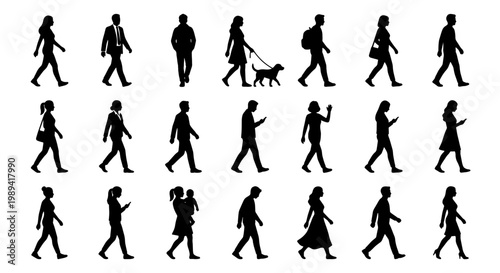 Walking people silhouettes set, diverse pedestrian collection with men and women, black human figures in motion, 21 vector elements for urban scenes