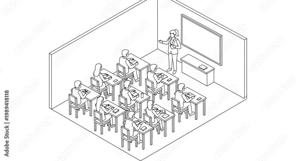 Fototapeta premium Classroom scene with teacher and students engaged in learning.