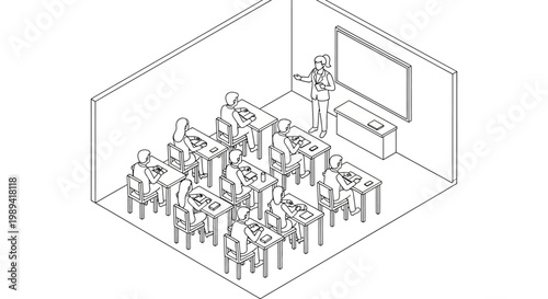 Classroom scene with teacher and students engaged in learning.