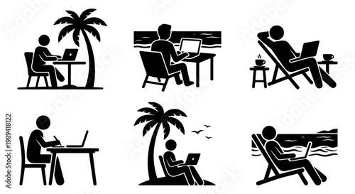 Digital nomad stick figure icon set, remote work on beach with laptop vector, freelance lifestyle silhouettes, 6 tropical office illustrations