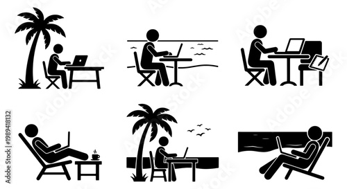 Digital nomad stick figure icon set, remote work on beach with laptop vector, freelance lifestyle silhouettes, 6 business travel illustrations