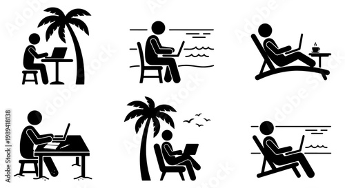 Digital nomad stick figure icon set, remote work on beach with laptop vector, freelance lifestyle and work from anywhere concept illustrations