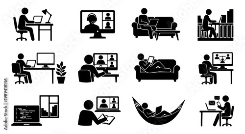 Remote work icon set, 12 black stick figure pictograms for home office and telecommuting, freelance professional working on laptop and video conference