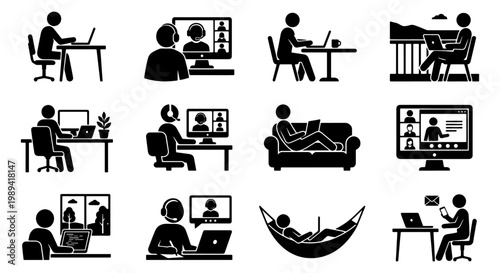 Remote work stick figure icon set, people working from home on laptops and video calls, 12 black vector pictograms for digital nomad lifestyle