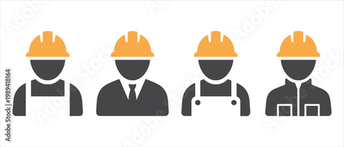 Construction worker avatar set, industrial professional icons with yellow hard hats, builder and engineer character silhouettes for site safety