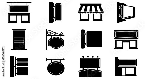 Black storefront signage icons set, 12 shop front billboard vector elements, blank outdoor advertising sign silhouettes for retail business branding