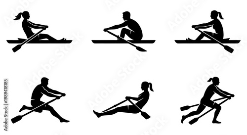 Rowing silhouettes collection, 6 professional sculling and indoor rowing machine icons, black athlete figures in motion, competitive water sports vector set