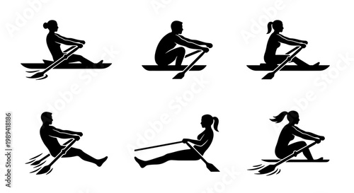 Rowing athlete silhouette icons, rowing machine and sculling boat vector set, professional rowers in training poses, black minimalist sports graphics