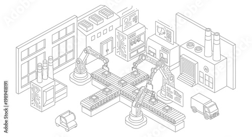 Isometric factory automation with robotic arms and conveyor belts.