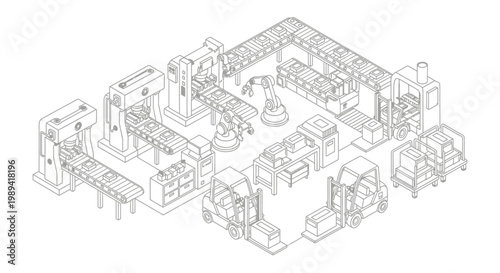 Isometric factory automation line with robotic arms and conveyor belts.