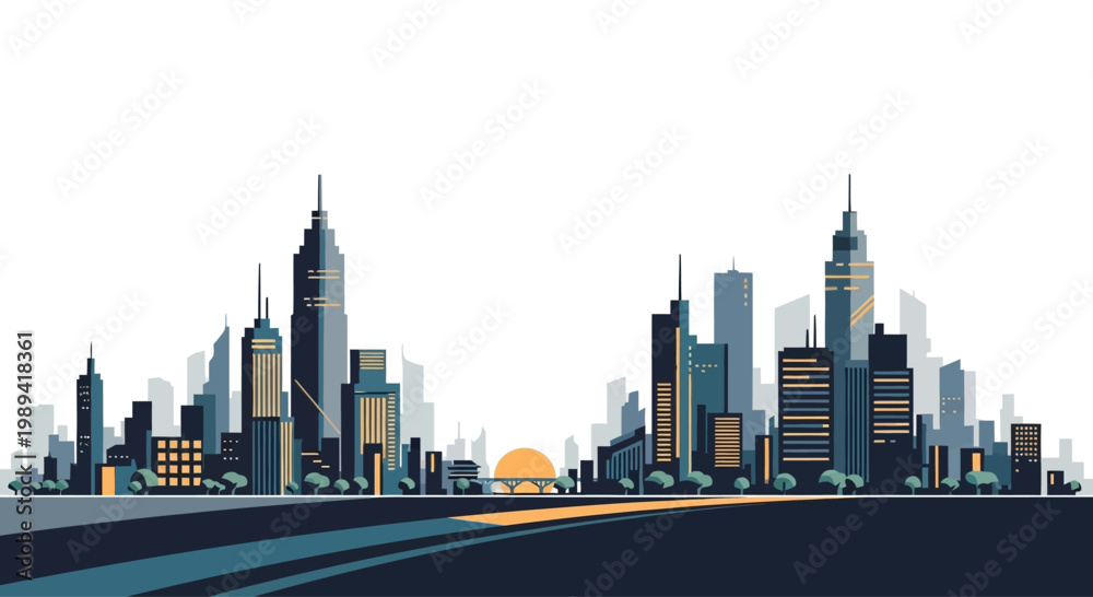 Fototapeta premium Modern Cityscape Skyline with Tall Buildings and Road, Flat Vector Illustration