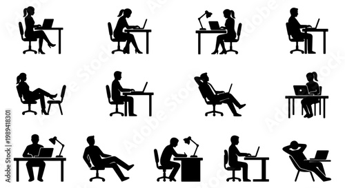 Office worker silhouette set, business people working at desk with laptop vector, professional employee sitting in office chair collection