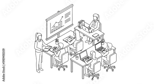 Isometric view of a busy office with multiple employees working at desks.