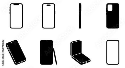 Minimalist smartphone icons set, black mobile phone silhouettes with stylus and folding screen, modern digital device vector collection for UI design