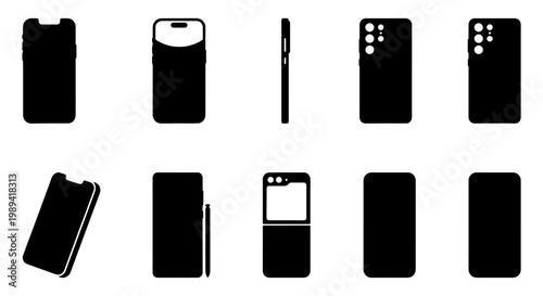 Minimalist smartphone silhouette icons, 10 mobile phone vector shapes, black cellphone device templates for web design and app development
