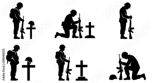 Military soldier silhouettes set, mourning army veteran at grave with cross, fallen hero memorial service vector icons for Veterans Day