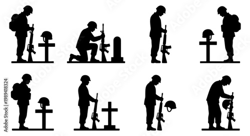 Military soldier silhouette set, fallen hero memorial icons, army veteran mourning at grave site, 8 vector silhouettes of grieving soldiers