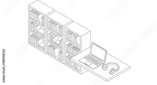 Minimalist Isometric Bookshelf with Integrated Desk and Laptop.