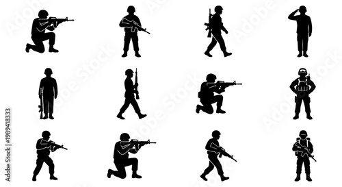 Military soldier silhouettes set, 12 tactical infantry army figures with rifles, black combat warrior icons for war games and defense design