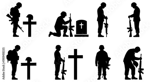 Military soldier silhouette set, fallen hero memorial with cross and gravestone, 8 army veteran silhouettes for Memorial Day and Veterans Day designs