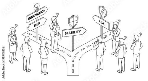 People at a crossroads choosing between innovation, risk, and stability.