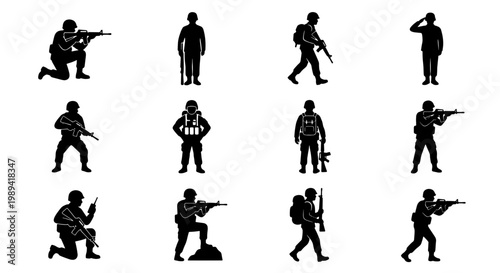 Military soldier silhouettes set, 12 army infantry vector icons, armed special forces personnel in combat poses, tactical war fighter collection