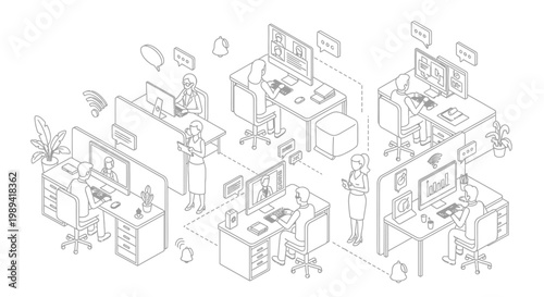 Modern Office Interior with People Working at Desks.