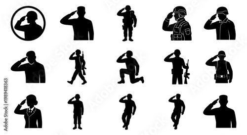 Military soldier saluting silhouette icons, set of 15 army personnel vector symbols, black war veteran and infantry officer figures for memorial day
