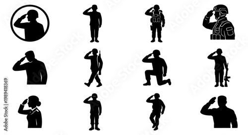 Military soldier saluting silhouette icons, set of 12 army personnel vector symbols, patriotic war veteran and infantry figures for memorial day