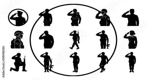 Military soldier silhouette set, 13 army personnel icons in black vector format, saluting troops and armed infantry figures for patriotic design