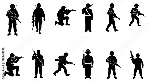 Military soldier silhouettes set, 12 army infantry vector icons, armed special forces figures in combat poses, tactical war personnel graphics