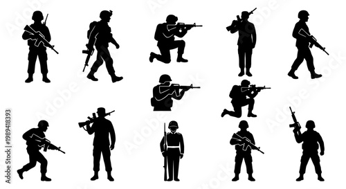 Military soldier silhouettes set, 12 tactical army infantry vector icons, armed special forces personnel in combat poses and gear