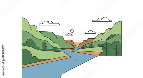 Foto Scenic river flowing through lush green canyon landscape under a partly cloudy s