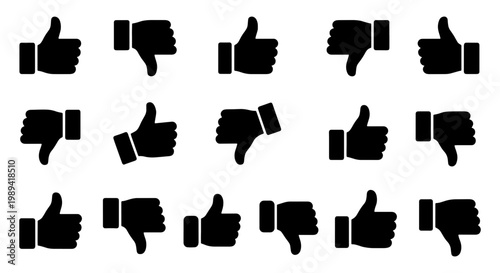 Thumbs up and thumbs down icon set, black silhouette hand gestures for feedback and rating, 15 vector elements for social media and customer reviews