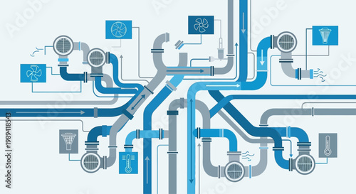 Complex industrial HVAC system diagram with pipes, vents, and airflow indicators