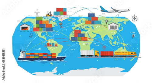Global Logistics Network: Shipping, Trucking, Rail, Air Freight, Warehousing, Map
