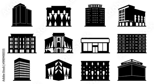 Modern city building icons set, 12 black silhouette architecture vector elements, urban skyscraper and office exterior symbols for real estate maps