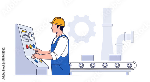 Factory worker operating control panel next to automated conveyor belt and machinery