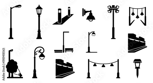 Urban street lighting vector icons set, black silhouette outdoor lamp posts and garden lights, 14 city infrastructure elements for architectural planning